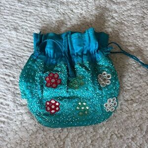 Embroidered Turquoise Drawstring Bag
